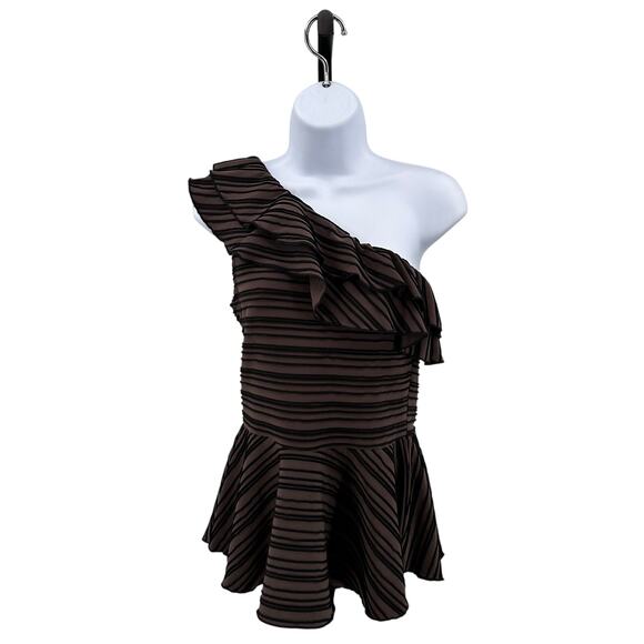 BOA John One Shoulder Blouse Womens L Brown/Black Ruffled Peplum Hem Striped Top - Picture 1 of 6